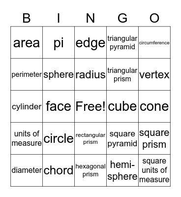 7th grade geometry vocabulary Bingo Card