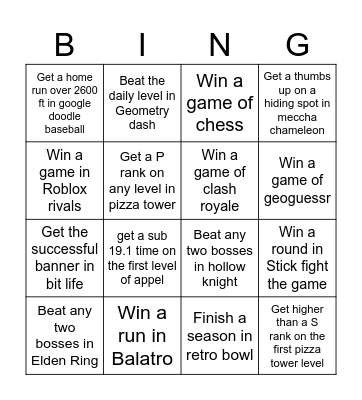 Video game board Bingo Card