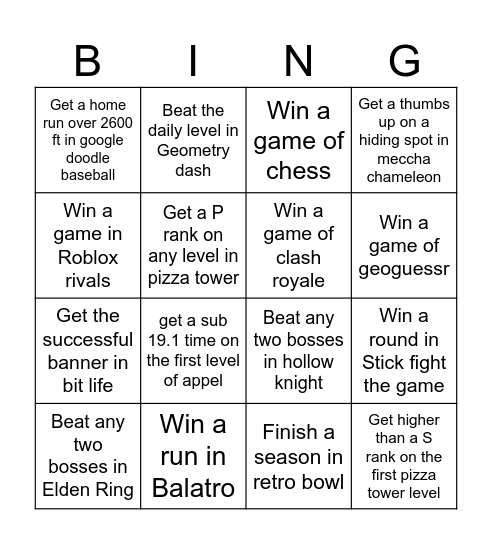 Video game board Bingo Card