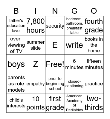 Literacy Night Bingo Card