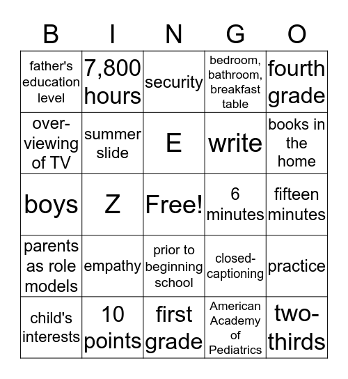 Literacy Night Bingo Card