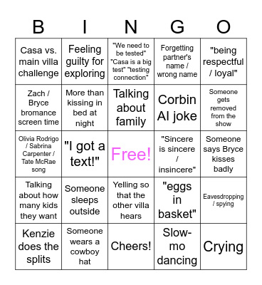 Love Island USA S8E19 Bingo Card