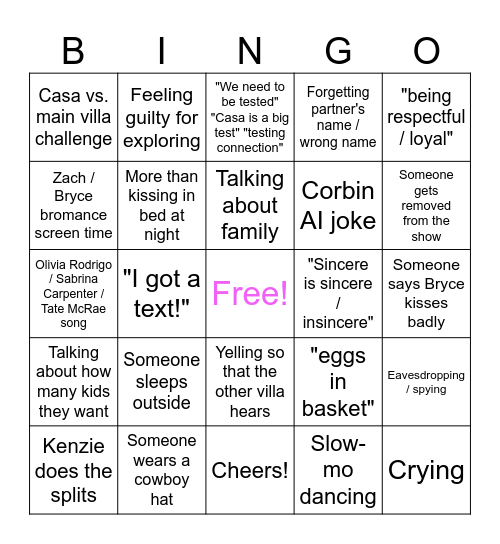 Love Island USA S8E19 Bingo Card