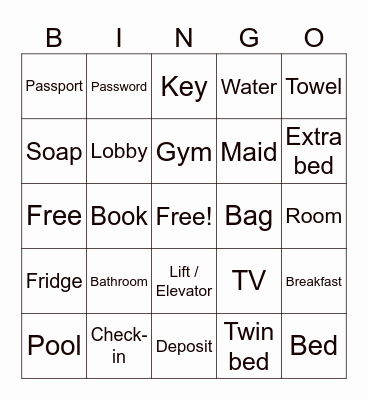 Hotel Bingo Card