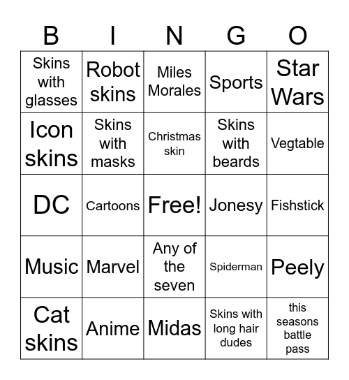 Fortnite skinnn Bingo Card