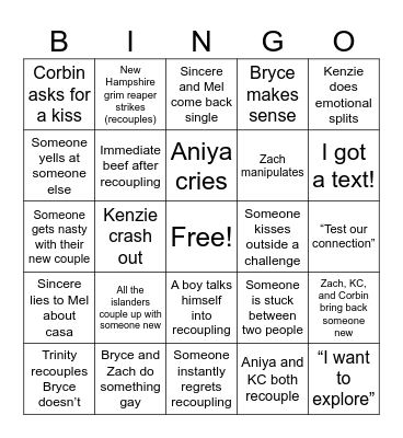 Love Island Recoupling Bingo Card