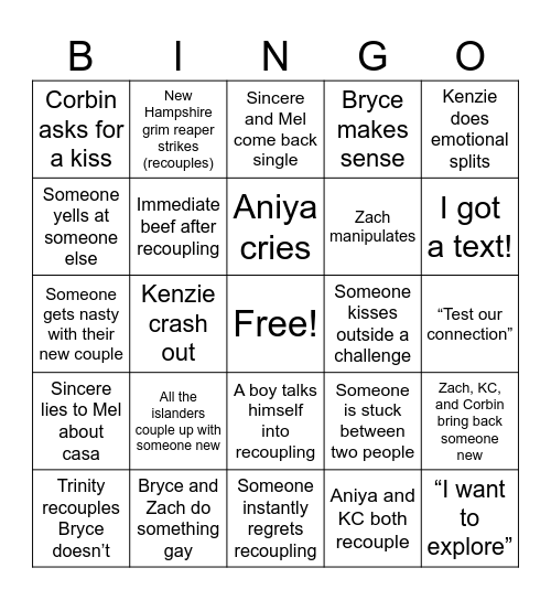 Love Island Recoupling Bingo Card