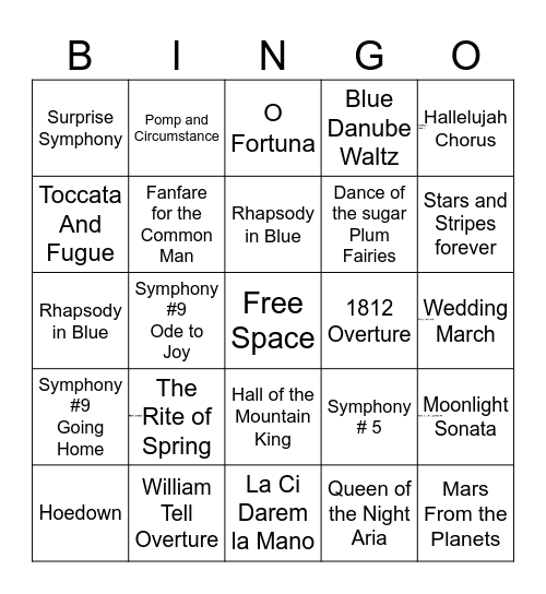 Classical Music Bingo Card