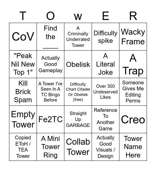 Tower Creator Bingo Card