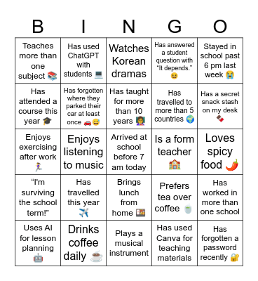 Teacher Bingo Card