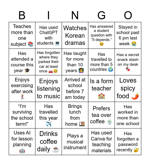 Teacher Bingo Card