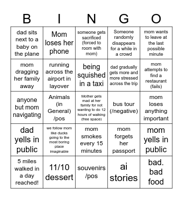 Family Vacation Bingo Card