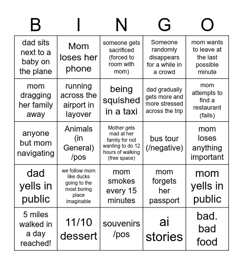 Family Vacation Bingo Card