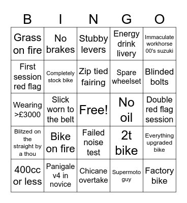 Trackday Bingo Card