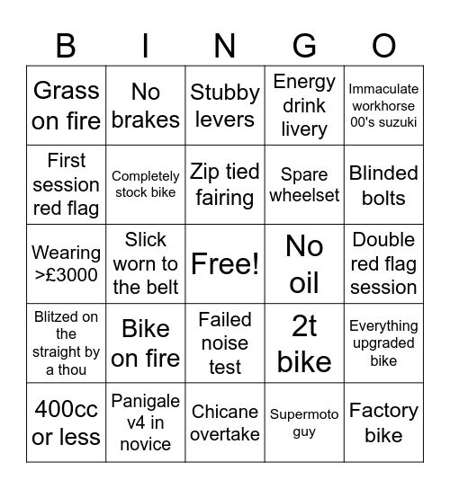Trackday Bingo Card