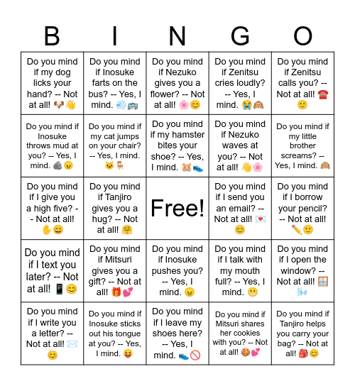 B7 L12 (easier) Do you mind if my little brother screams? -- Yes, I mind. 🙉 Bingo Card