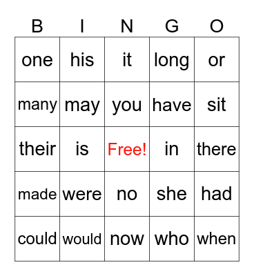 Sight Words Bingo Card