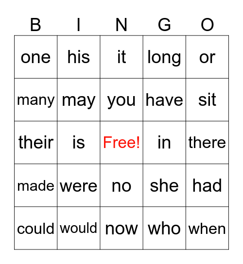 Sight Words Bingo Card