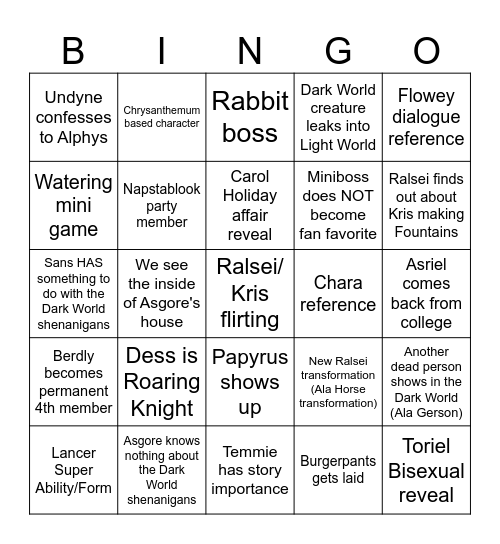 Deltarune Chapter 5 Bingo Card