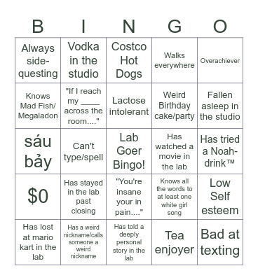 Lab Goer Bingo Card Bingo Card