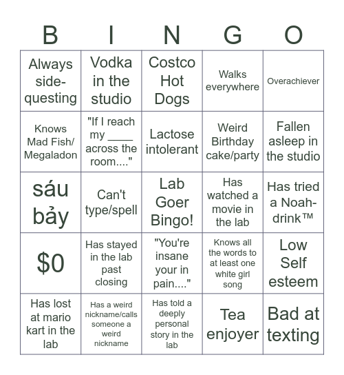 Lab Goer Bingo Card Bingo Card