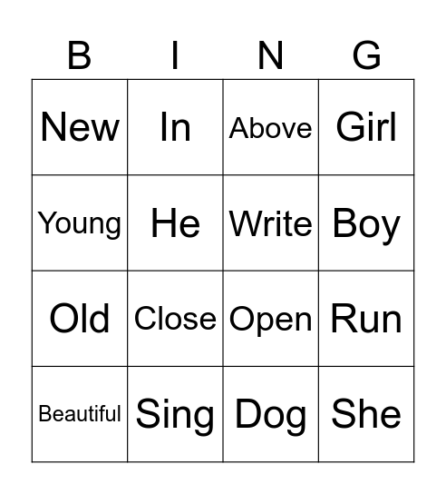 English Bingo Card