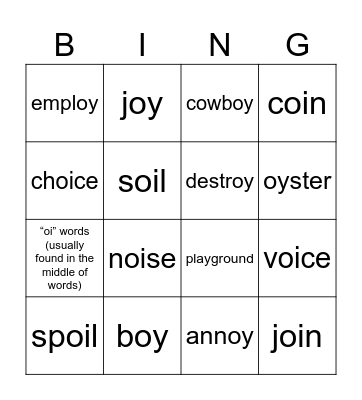 oi and oy phoneme Bingo Card