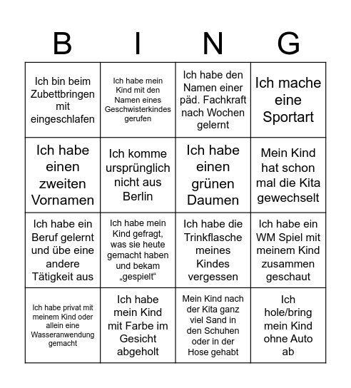 Eltern Bingo Card