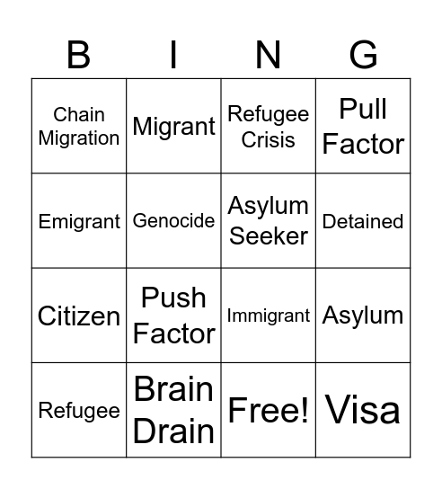 Immigration Bingo Card