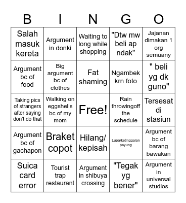 Japan trip bingo Card
