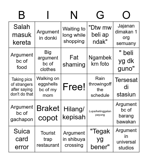 Japan trip bingo Card