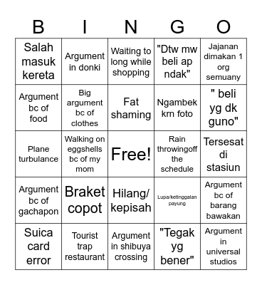 Japan trip bingo Card