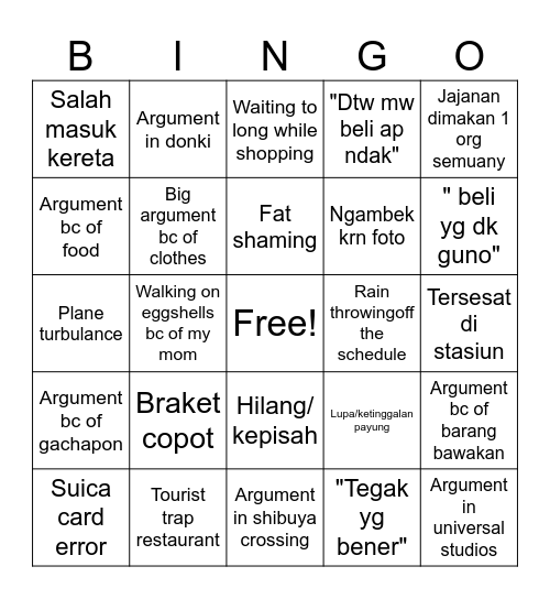 Japan trip bingo Card