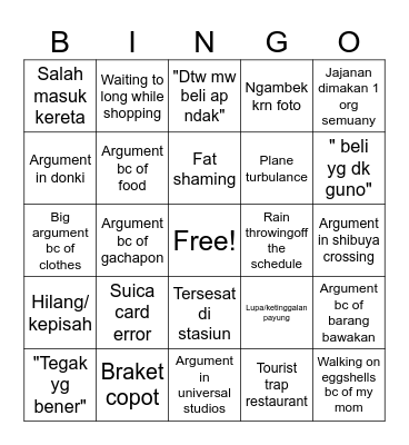 Japan trip bingo Card