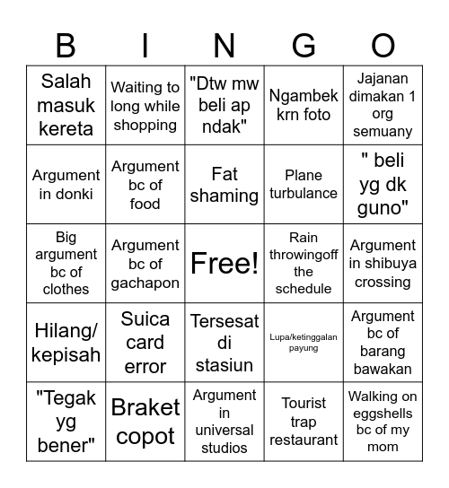 Japan trip bingo Card