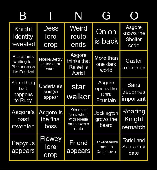 Deltarune Chapter 5 Bingo Card