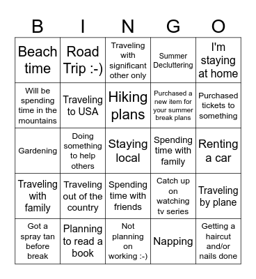 Spring Break Plans Bingo Card