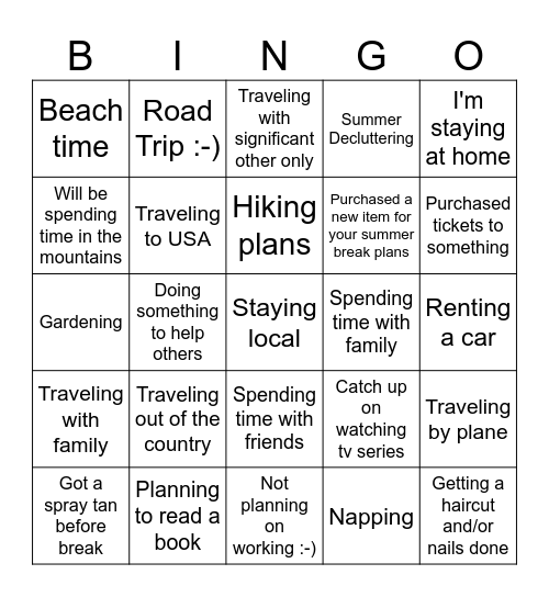 Spring Break Plans Bingo Card