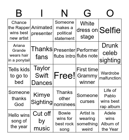 Grammys 2017 Bingo Card