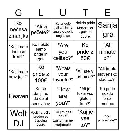 Glutines Bingo Card