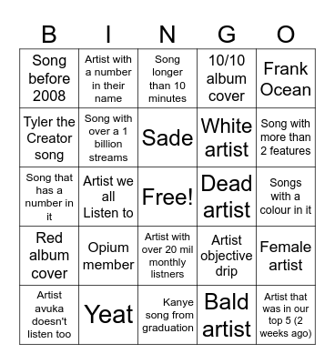 Spotify Bingo Card