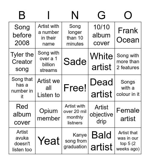 Spotify Bingo Card