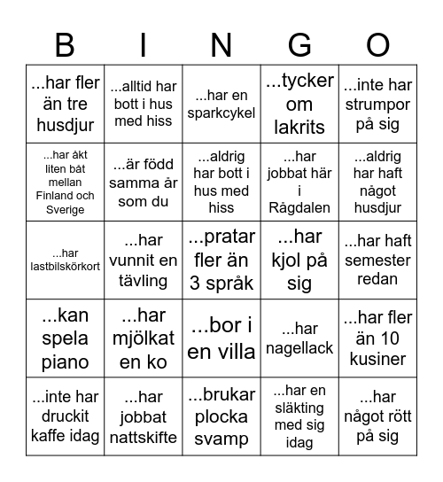 Festmingel-bingo  Samla fem kryss i rad, vågrätt,  lodrätt eller diagonalt. Fina priser väntar de fem första  som ropar BINGO! Kan du fylla hela brickan? Då har du fått SUPER-BINGO!  Hitta och presentera dig för någon som... Bingo Card