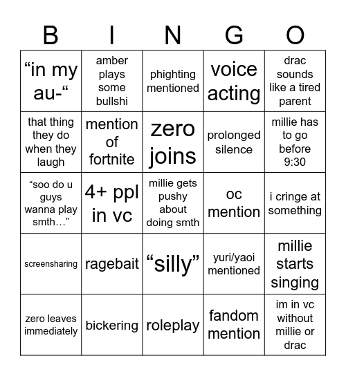 oomf Bingo Card