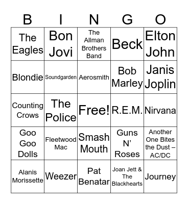 70s, 80s, 90s Rock - Music Bingo Card