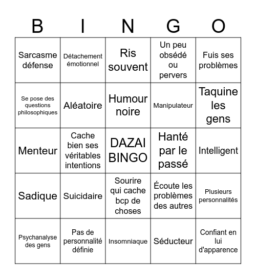 Dazai Bingo Card