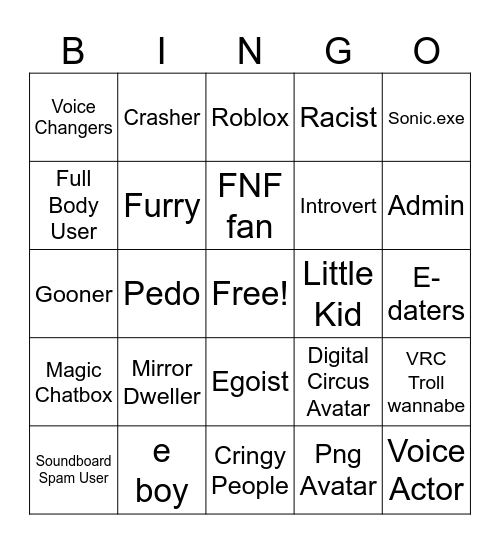 Vrchat Public Instance Bingo Card