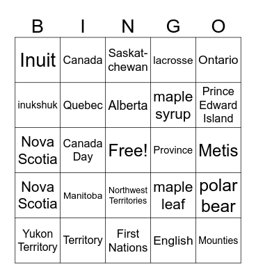 Canada Bingo Card