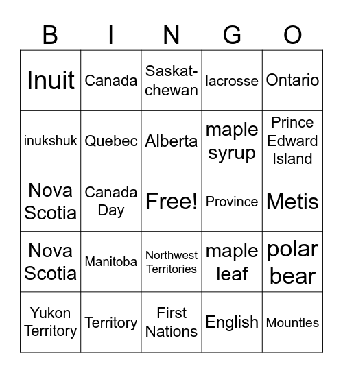 Canada Bingo Card