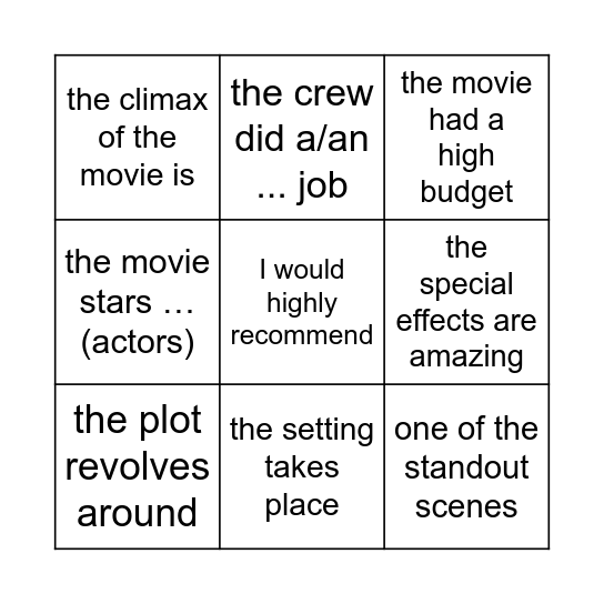 A film review bingo Card
